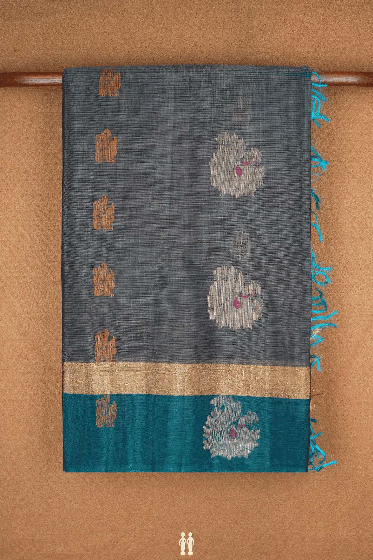 Peacock And Floral Motifs Steel Grey Kora Silk Cotton Saree