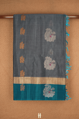 Peacock And Floral Motifs Steel Grey Kora Silk Cotton Saree