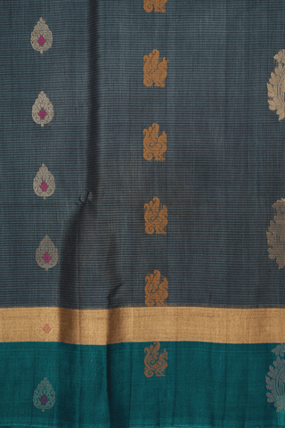 Peacock And Floral Motifs Steel Grey Kora Silk Cotton Saree