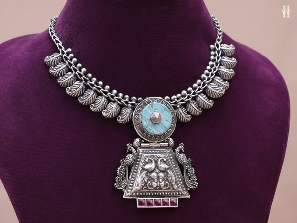 Peacock And Paisley Design Oxidized Pure Silver Necklace