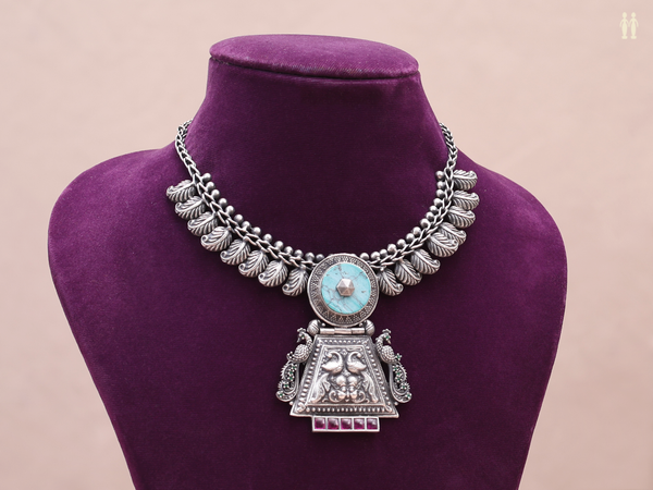 Peacock And Paisley Design Oxidized Pure Silver Necklace