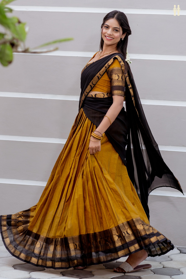 Peacock Border Golden Brown Cotton Readymade Half Saree