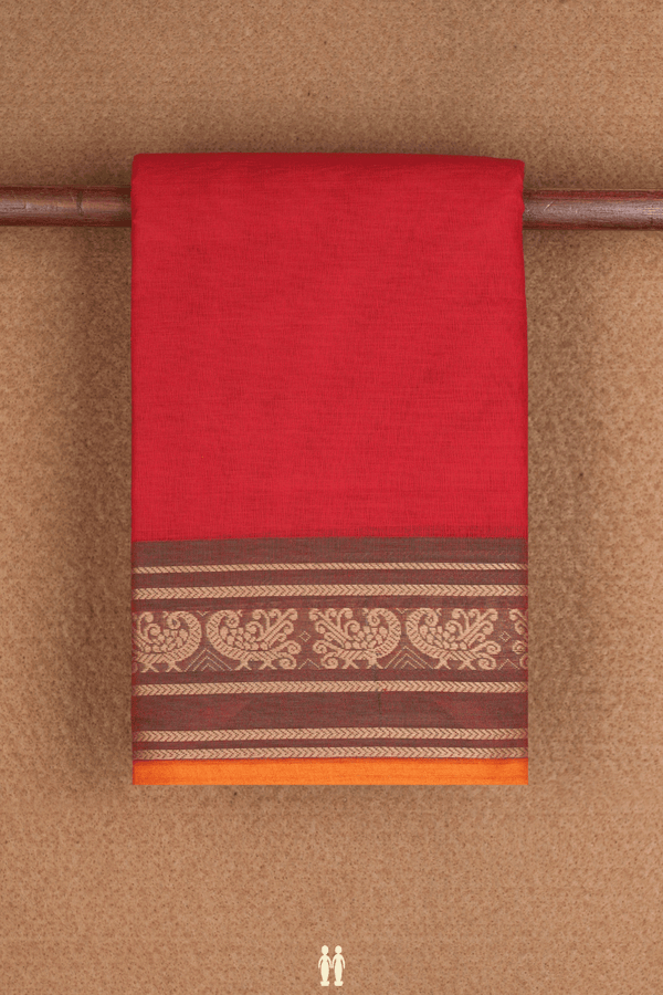 Peacock Border Plain Chilli Red Chettinadu Cotton Saree