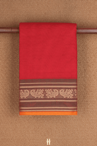 Peacock Border Plain Chilli Red Chettinadu Cotton Saree