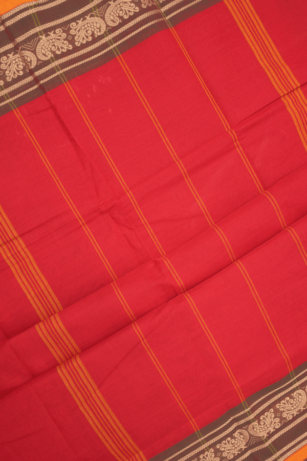 Peacock Border Plain Chilli Red Chettinadu Cotton Saree