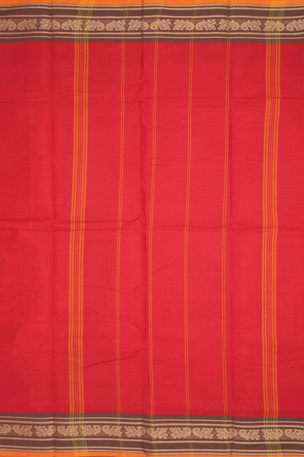 Peacock Border Plain Chilli Red Chettinadu Cotton Saree