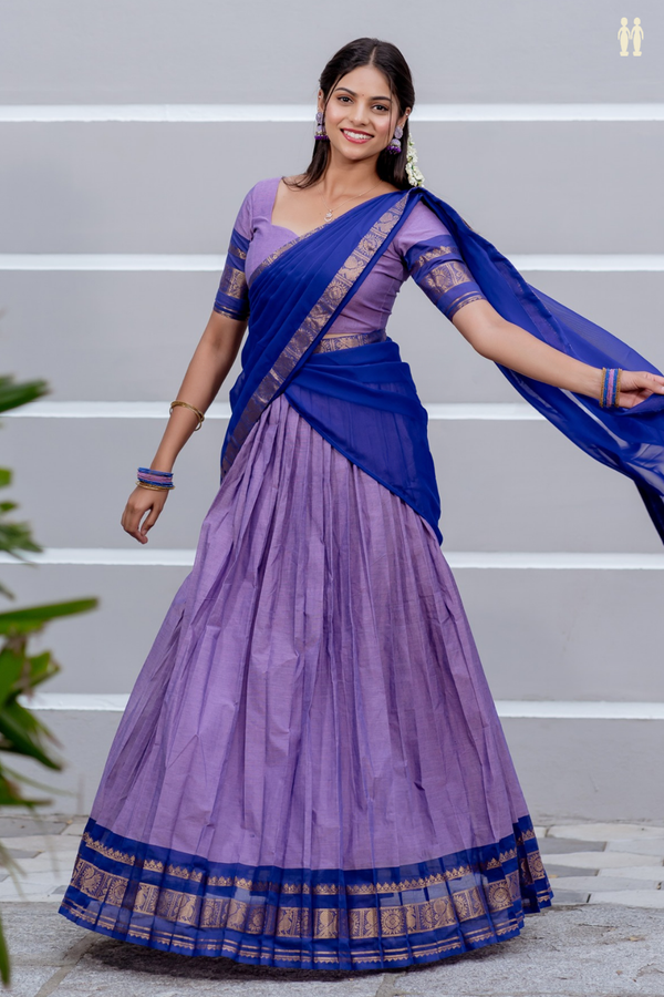 Peacock Border Purple Cotton Readymade Half Saree