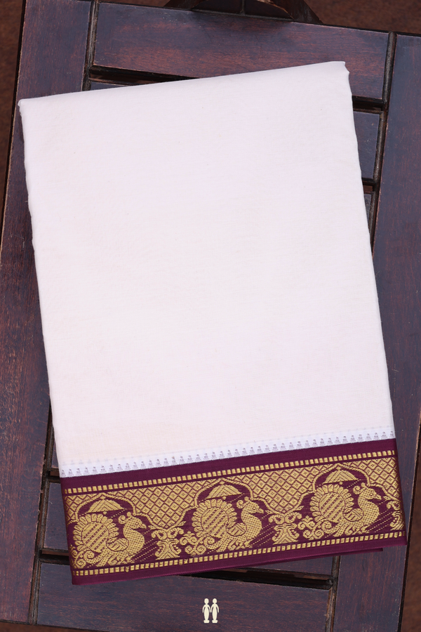 Peacock Border White Cotton Dhoti With Angavastram Set