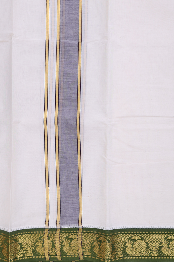 Peacock Border White Cotton Dhoti With Angavastram Set