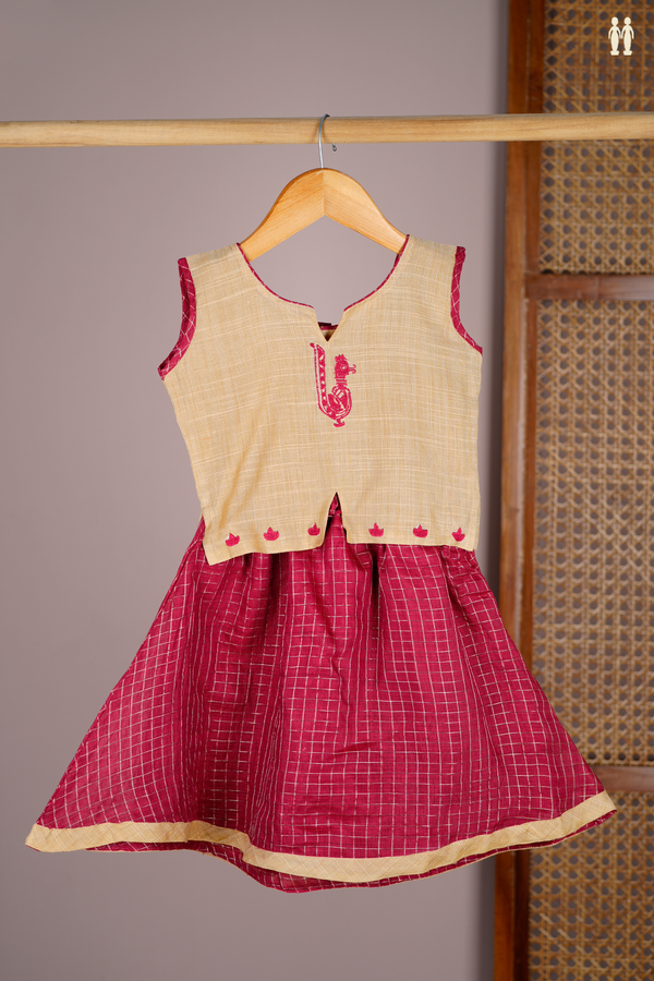 Peacock Design Brown And Red Readymade Pavadai Sattai