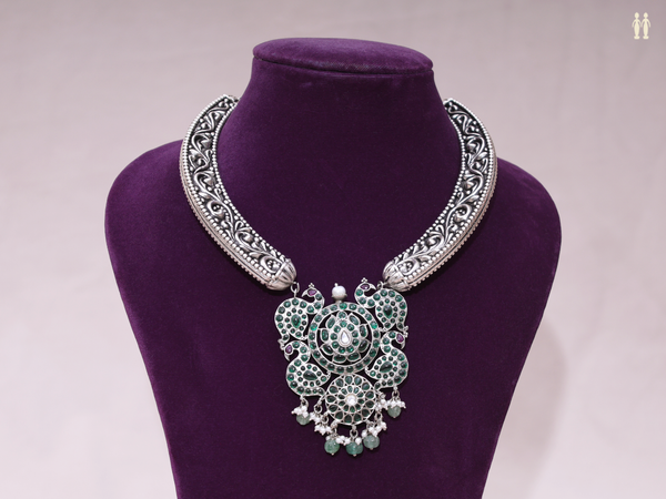 Peacock Design Oxidized Pure Silver Necklace