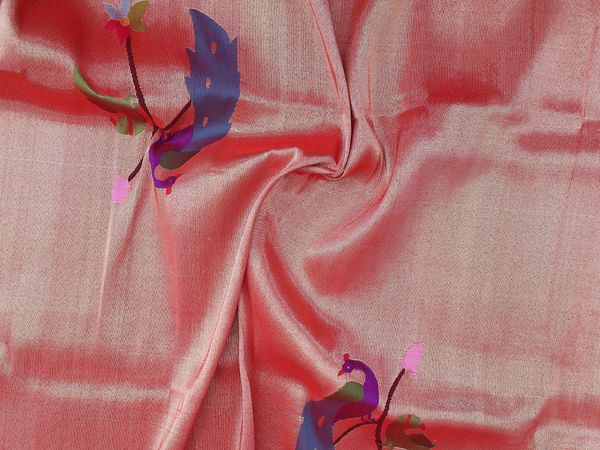 Peacock Design Red Paithani Silk Blouse Material