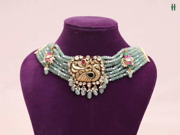 Peacock Design With Beaded Gold Plated Pure Silver Choker