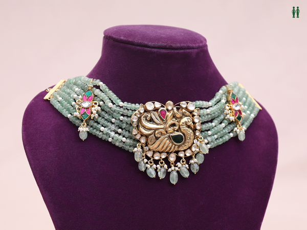 Peacock Design With Beaded Gold Plated Pure Silver Choker