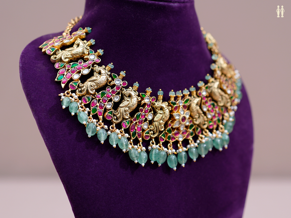 Peacock Design With Beaded Gold Plated Silver Necklace