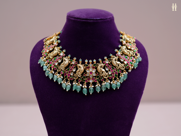 Peacock Design With Beaded Gold Plated Silver Necklace