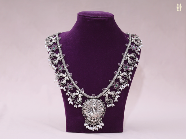 Peacock Design With Beads Oxidized Pure Silver Long Necklace