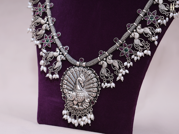 Peacock Design With Beads Oxidized Pure Silver Long Necklace