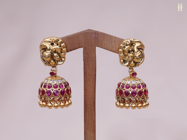 Peacock Design With Kemp Stone Gold Plated Pure Silver Jhumkas
