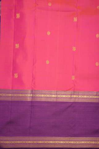 Peacock Floral Buttas Coral Pink Kanchipuram Silk Saree