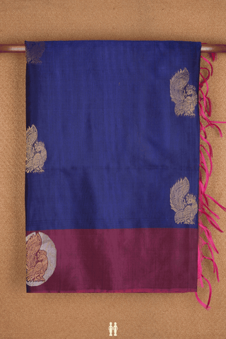 Peacock Zari Motifs Indigo Blue Kora Silk Cotton Saree