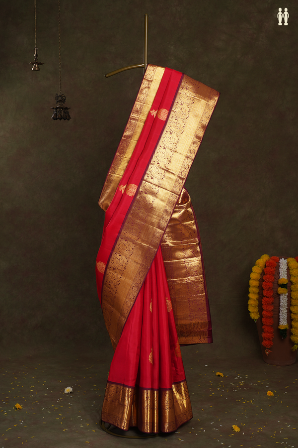 Peacock Zari Motifs Scarlet Red Kanchipuram Silk Saree
