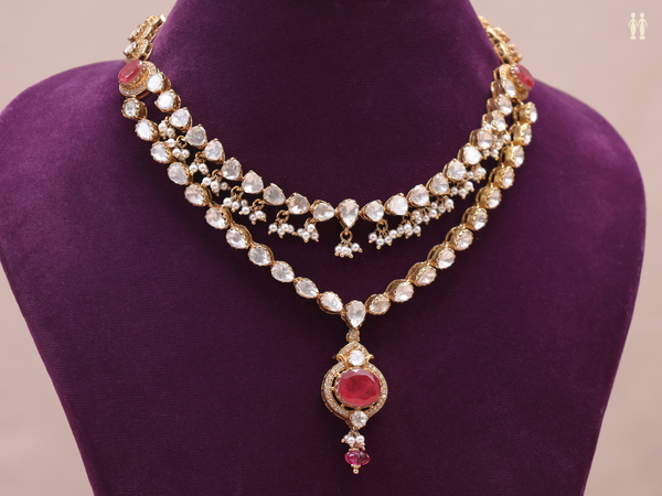 Pink And Crystal Stone Double Layered Pure Silver Necklace