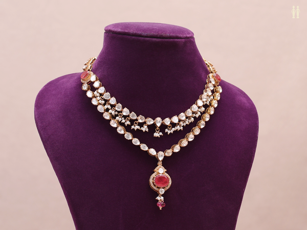 Pink And Crystal Stone Double Layered Pure Silver Necklace
