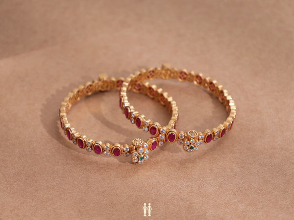 Pink And Crystal Stone Gold Plated Pure Silver Screw Bangles