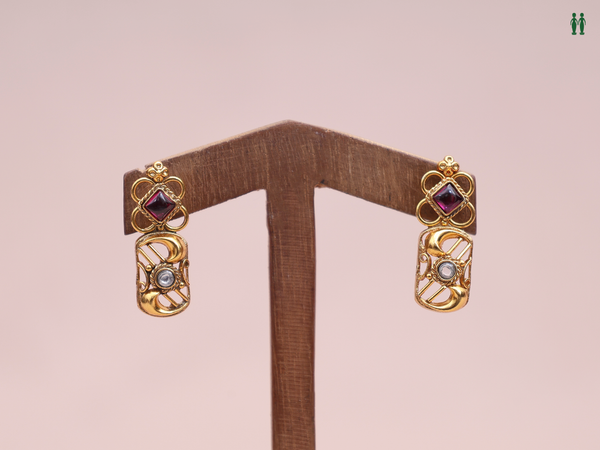Pink And Crystal Stone Gold Plated Pure Silver Earrings