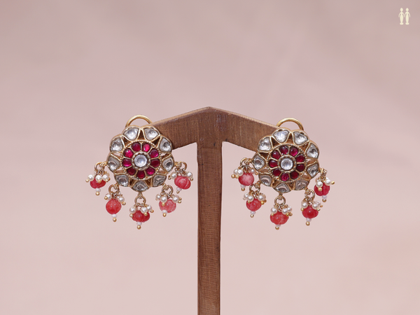 Pink And Crystal Stone Gold Plated Pure Silver Earrings