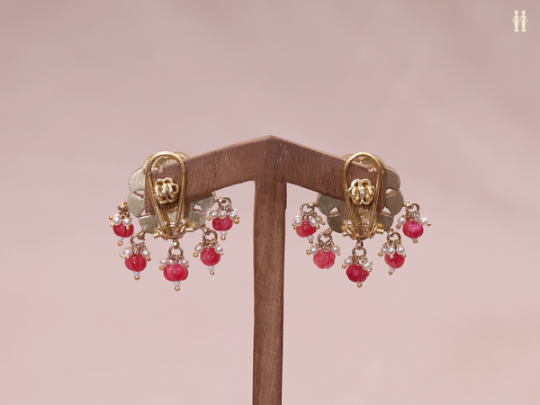 Pink And Crystal Stone Gold Plated Pure Silver Earrings