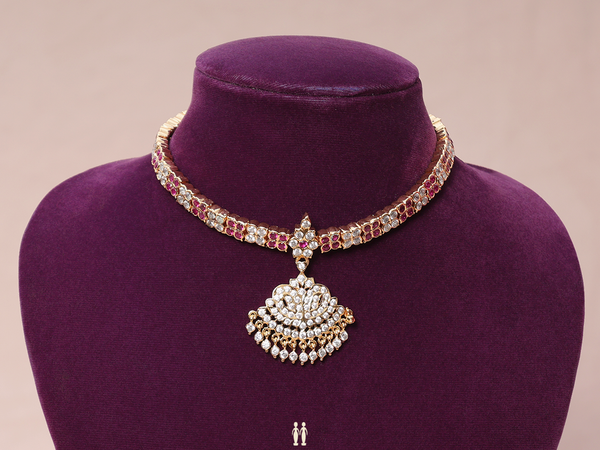 Pink And Crystal Stone Gold Plated Pure Silver Necklace