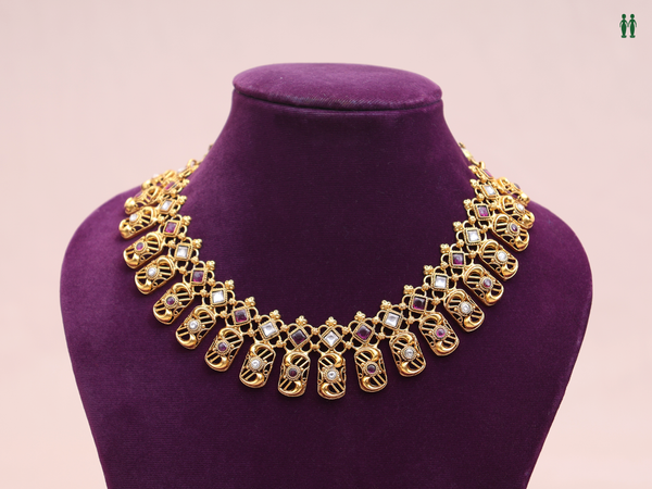 Pink And Crystal Stone Gold Plated Pure Silver Necklace