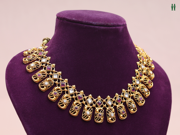 Pink And Crystal Stone Gold Plated Pure Silver Necklace