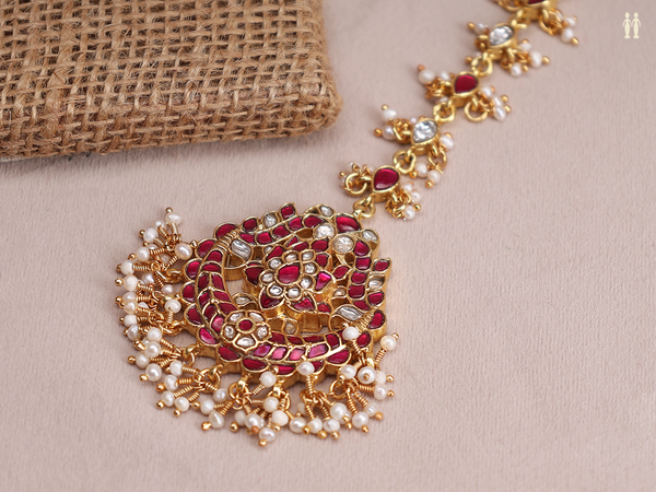 Pink And Crystal Stone Gold Plated Pure Silver Nethi Chutti