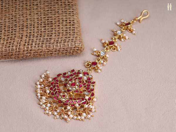 Pink And Crystal Stone Gold Plated Pure Silver Nethi Chutti