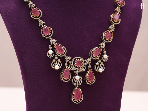 Pink And Crystal Stone Gold Plated Silver Long Necklace