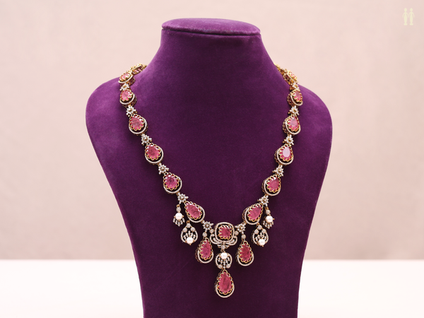 Pink And Crystal Stone Gold Plated Silver Long Necklace