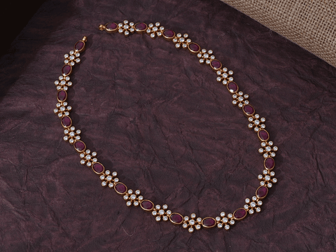 Pink And Crystal Stone Gold Plated Silver Necklace