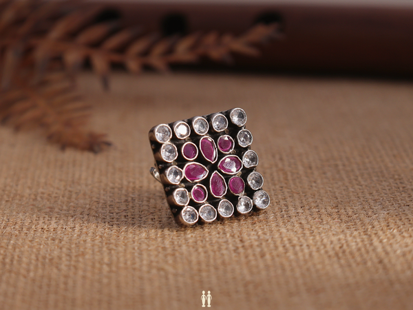 Pink And Crystal Stone Pure Silver Ring