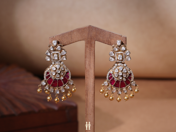 Pink And Crystal Stone With Beaded Gold Plated Silver Earrings
