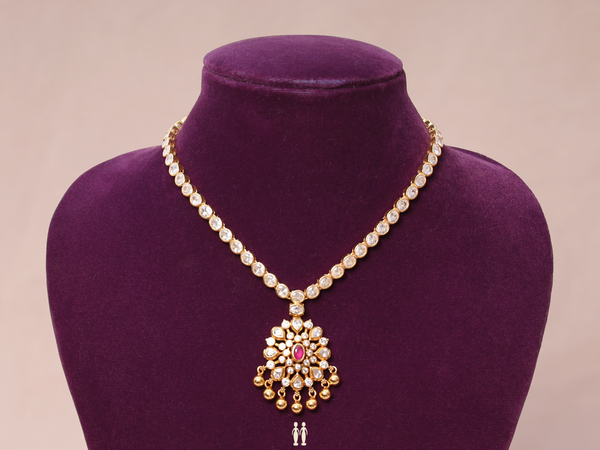 Pink And Crystal Stone With Gold Plated Silver Necklace