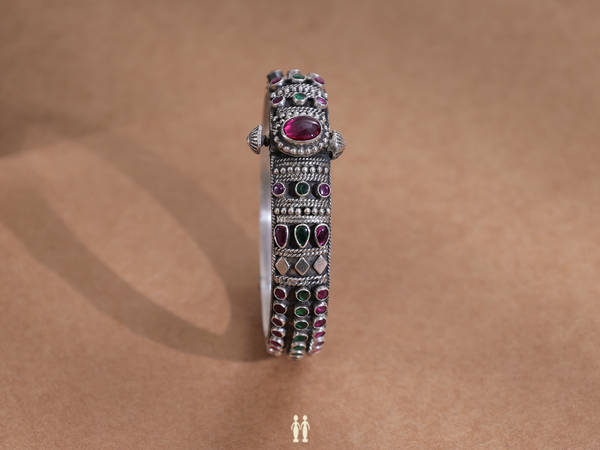Pink And Green Stones Pure Silver Oxidized Screw Kada Bangle