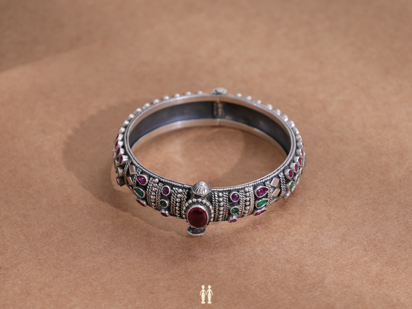 Pink And Green Stones Pure Silver Oxidized Screw Kada Bangle