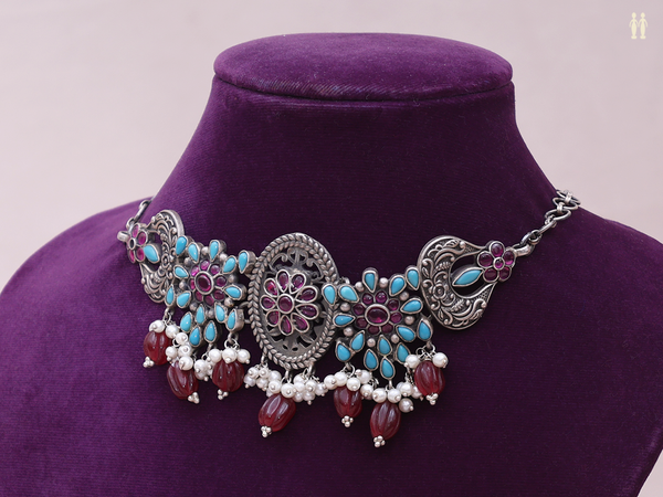 Pink And Turquoise Stone Oxidized Pure Silver Choker