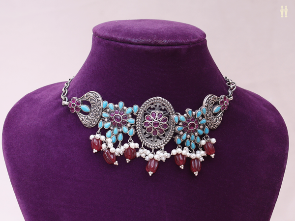Pink And Turquoise Stone Oxidized Pure Silver Choker