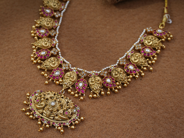 Pink And White Kemp Stone Gold Plated Silver Necklace