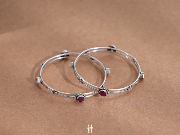 Pink And Crystal Stone Pure Silver Bangles