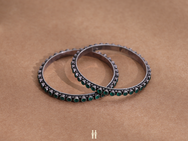 Green Stone Oxidized Pure Silver Bangles